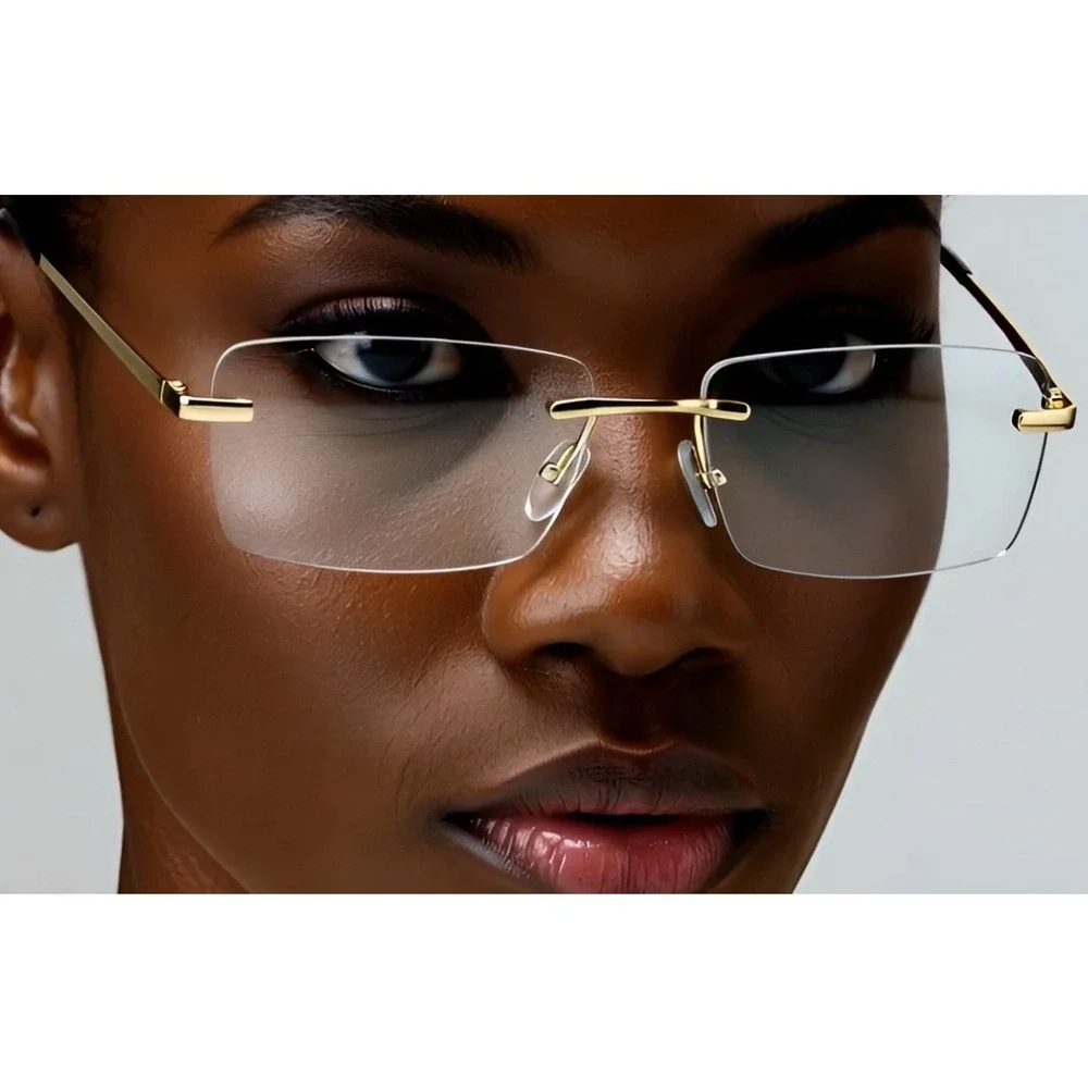 Women Sunglasses Fashion Rimless‎ Rectangle Gold Frame Clear Lens Hip Hop UV400